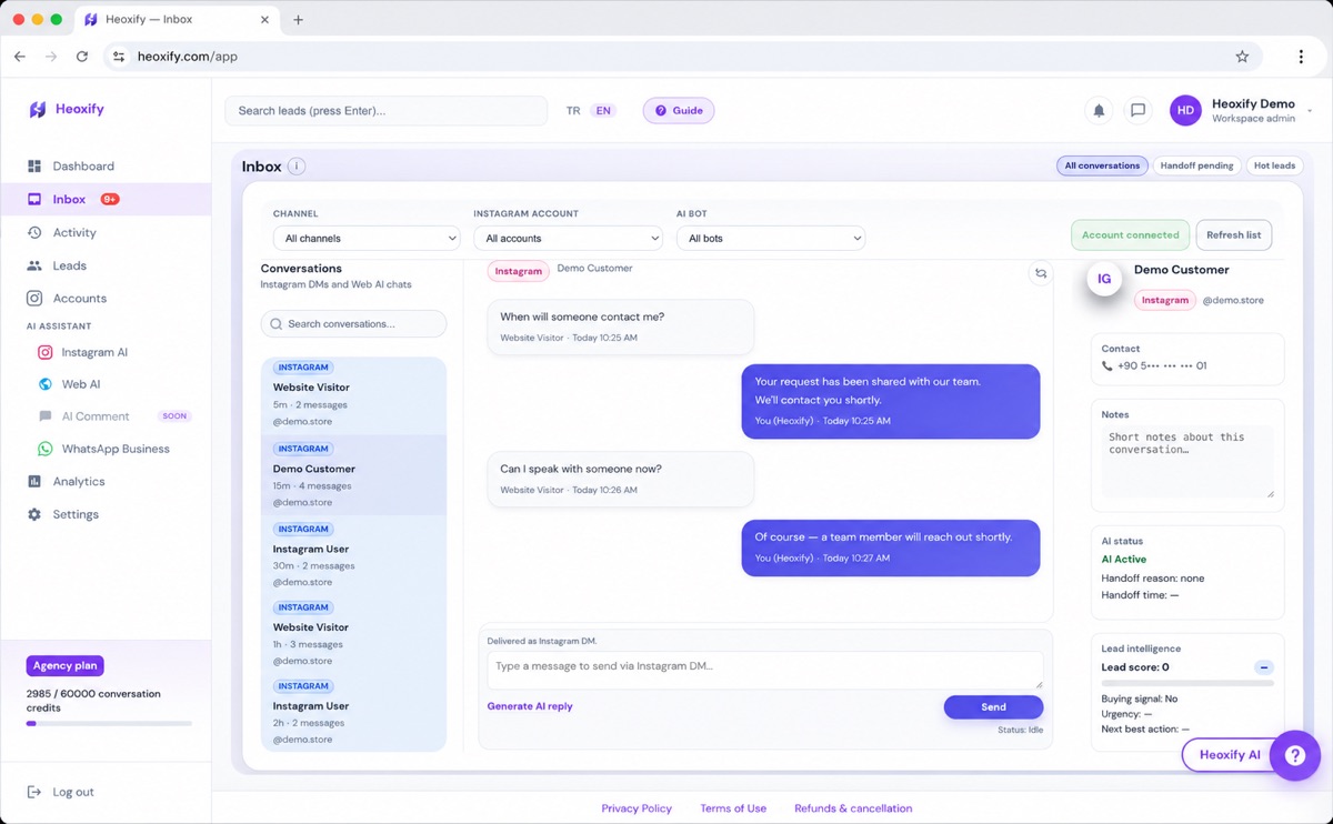Heoxify inbox showing AI status, handoff control, and a lead intelligence panel with lead score and buying signal